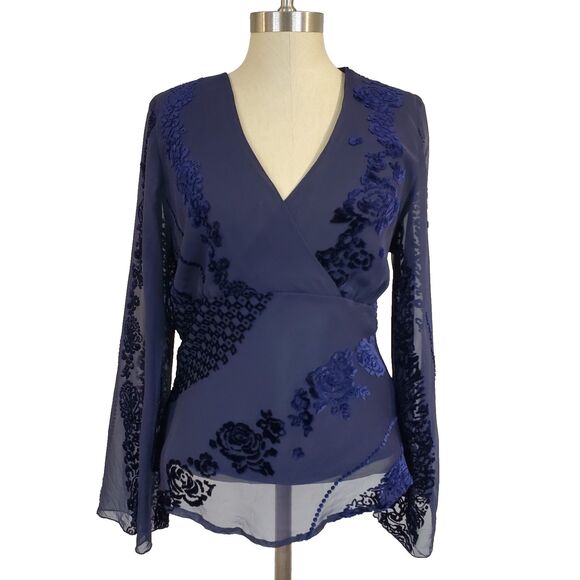 Y2K Silk Blend Burnout Velvet Babydoll Top Flared Sleeve Whimsigoth Fairy Grunge - Picture 1 of 12